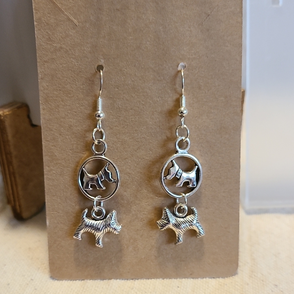 Handcrafted Silver Dog Dangle‎ Earrings NEW Lightweight 2" Pets Outdoors Casual